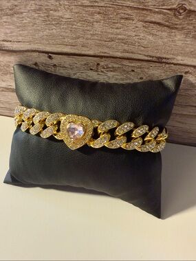 Gold Plated Iced Out Crystal Heart Link Bracelet -Jewelry 8”